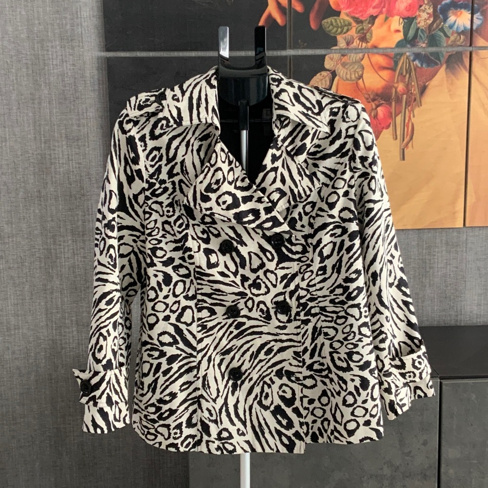 Marisa Christina Black and Cream Animal Print Silk Pea Coat - L